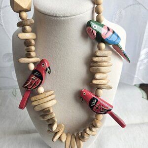 Wood Carved Parrot Bead Necklace Blue Red Pair Set 2